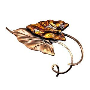 Matisse Renoir Brooch Large Vintage Signed Copper & Enamel Double Leaf Pin